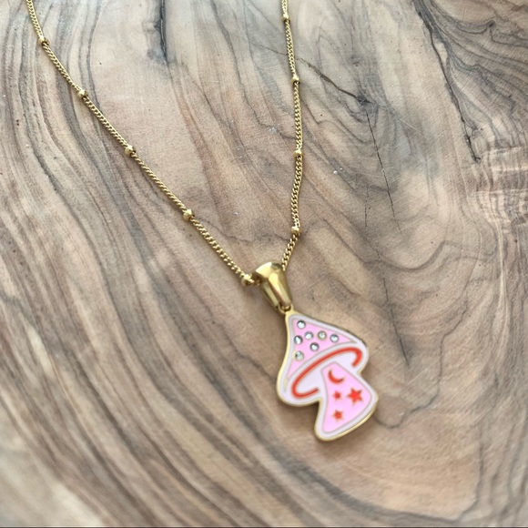 18K Gold Plated Pink Mushroom Necklace - Picture 2 of 4